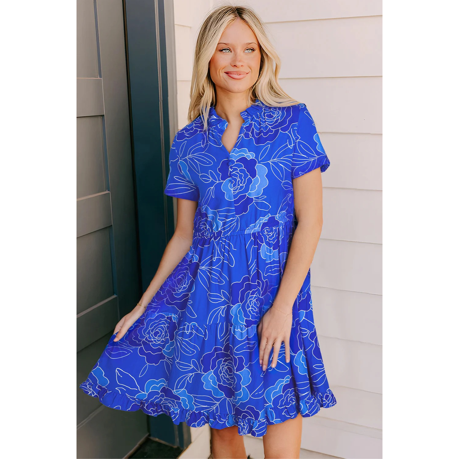 blue flowy dress short Lola-Blue Floral Ruffled Hem V Neck Short Sleeve Flowy Mini Dress – Zulily