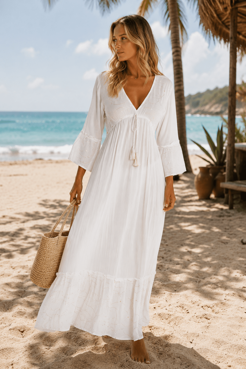 Club Moda Women's White Maxi Dress – Boho Maxi Resort Vacation Dress White / L/XL