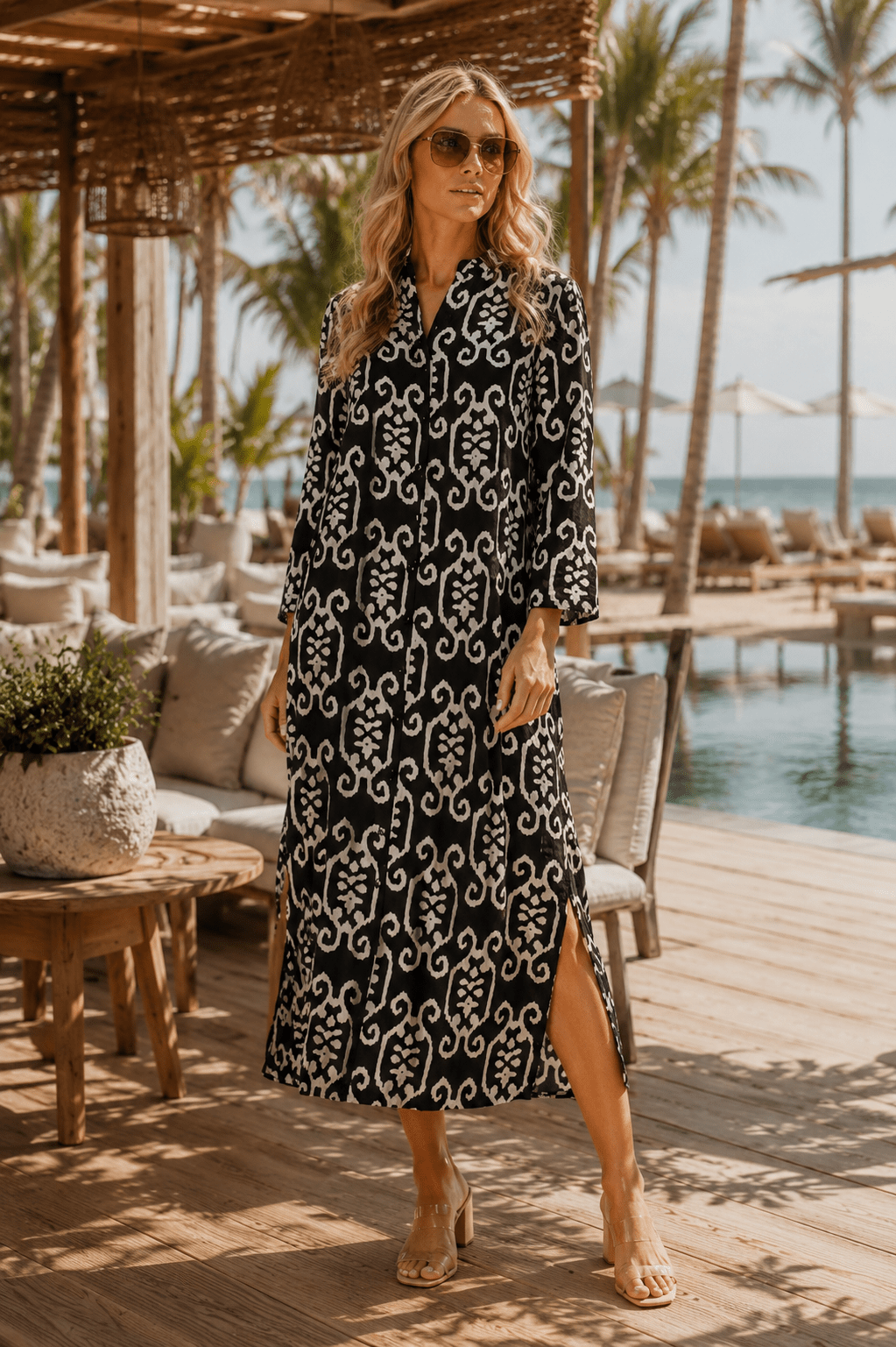 Club Moda Women's Ikat Print Button-Front Maxi Shirt Dress with Pockets