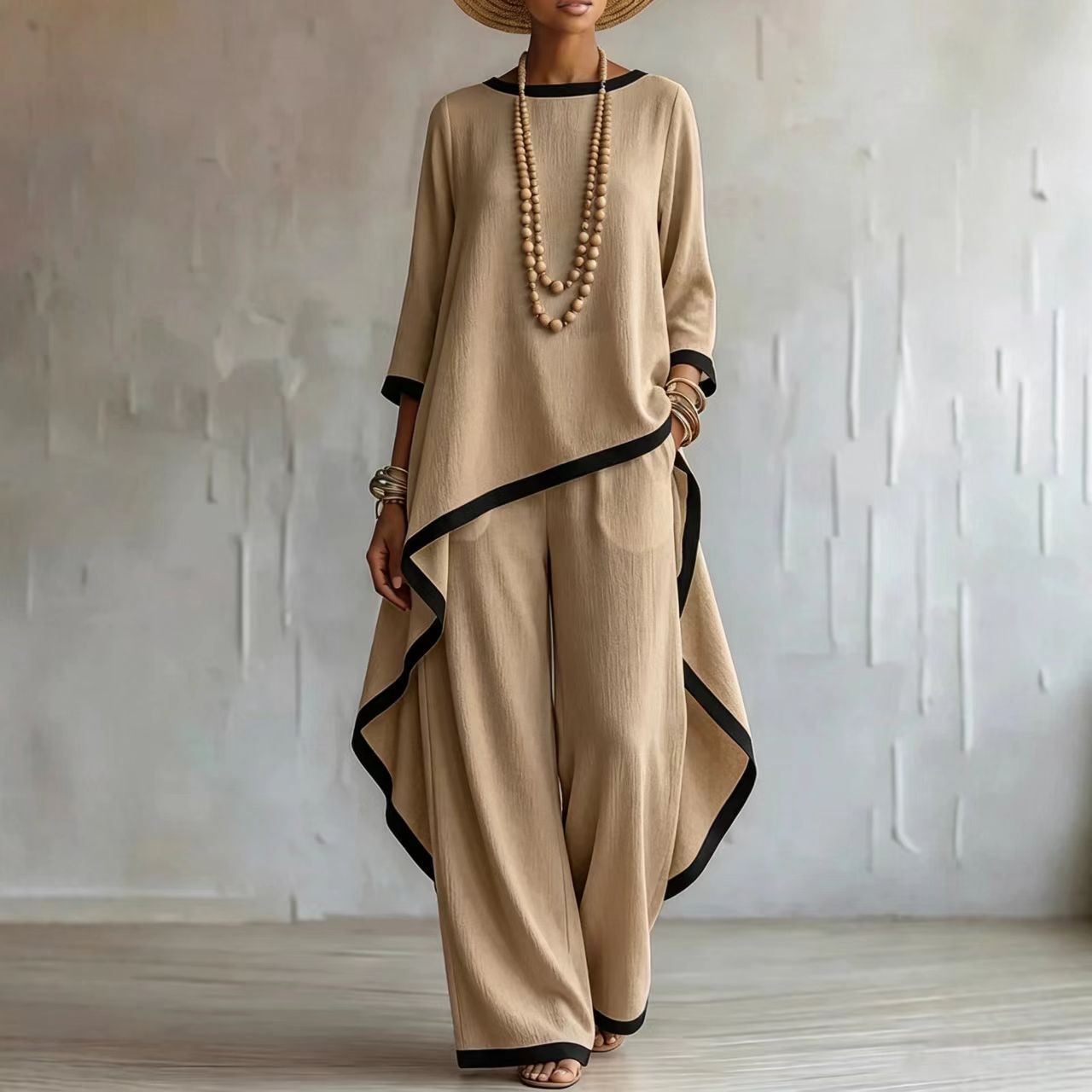 Women's Asymmetric Linen Tunic & Wide-Leg Pants Set