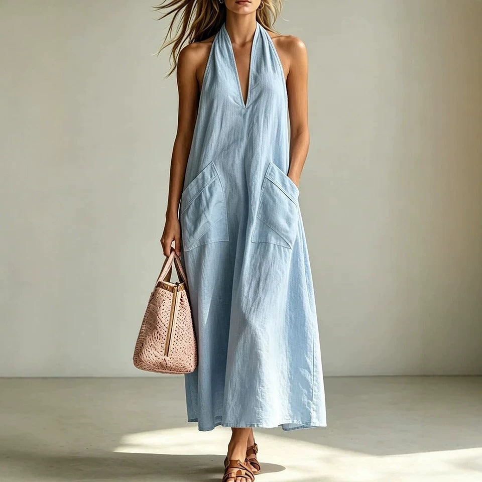 deep v neck loose dress Long Sleeves Loose Solid Color Deep V-Neck Maxi Dresses