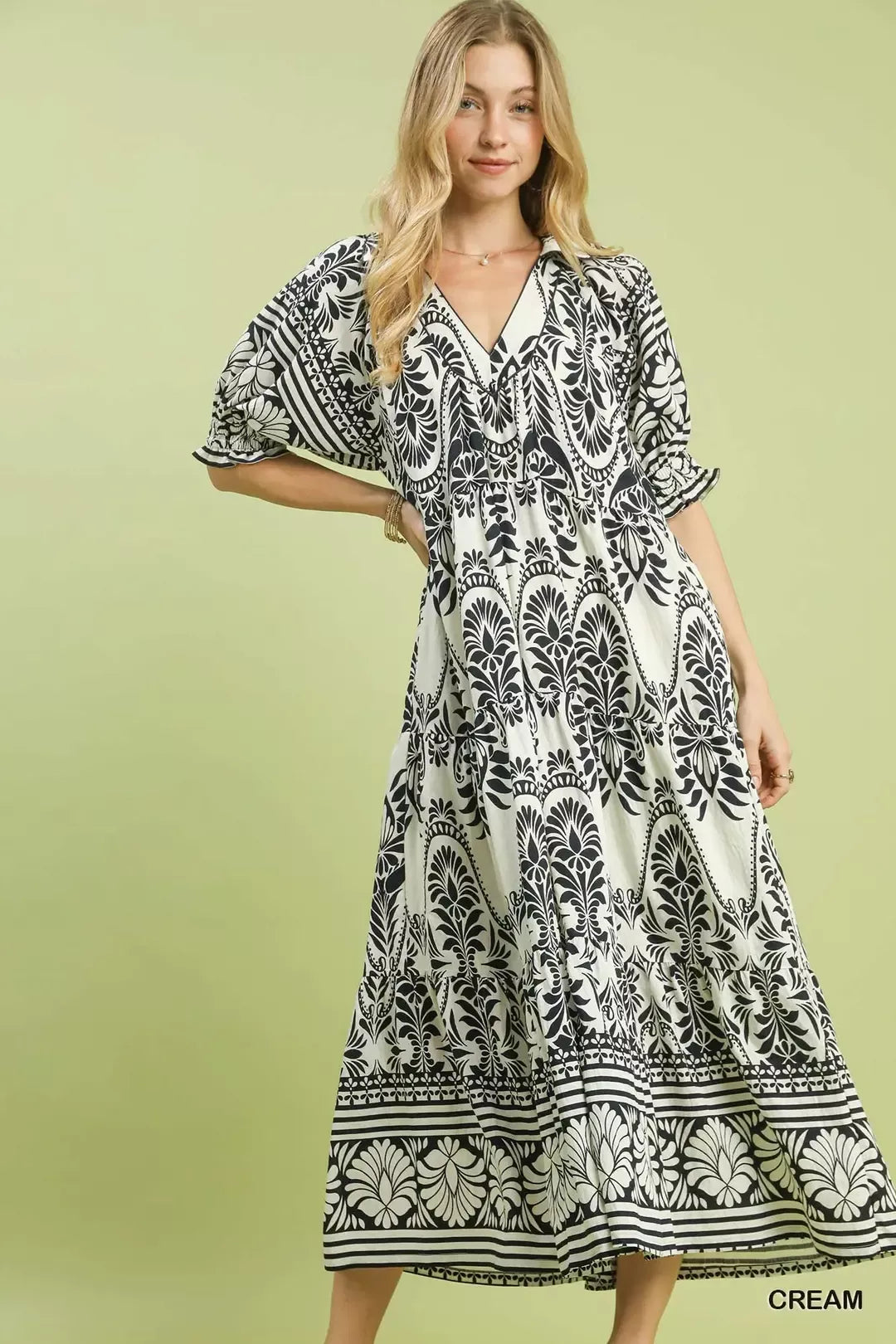 two tone midi dress Umgee Border Print CREAM / L Crisp contrast trim and size:12 UK floral maxi dresses adult – HER SHOP®