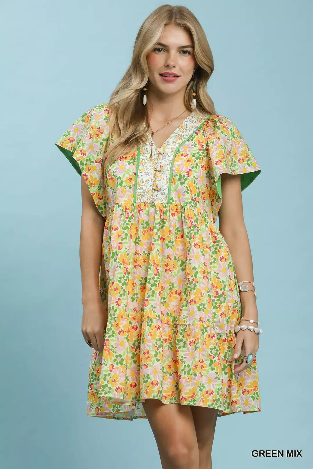 Umgee MIX Floral Tiered Mini Dress with Side Pockets GREEN MIX / L