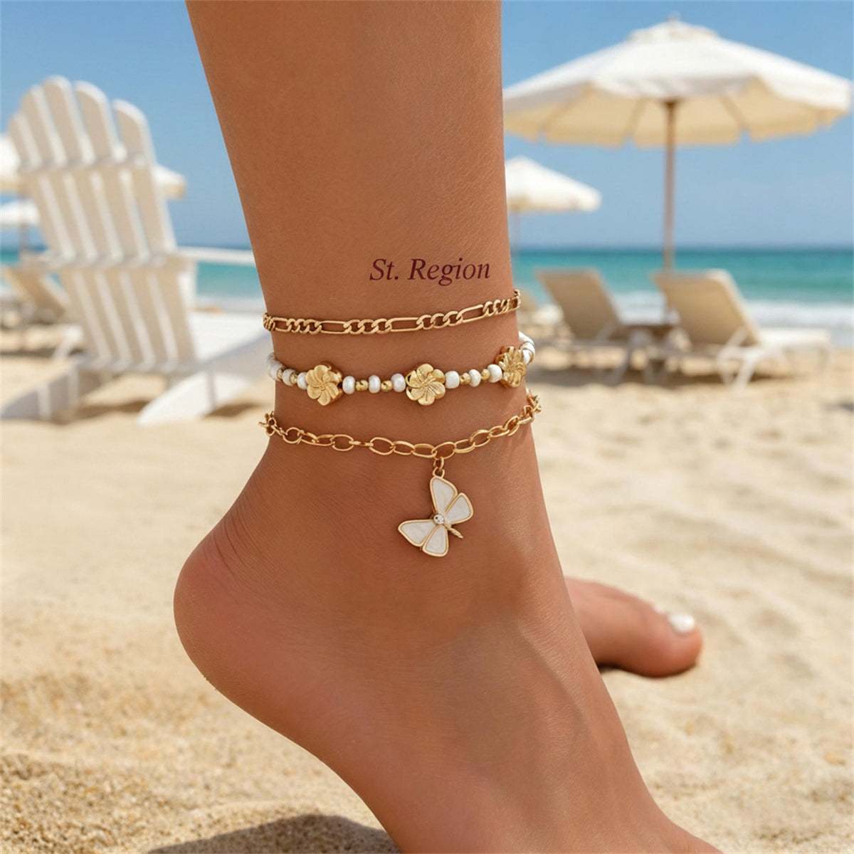 White Enamel & Howlite Goldtone Flower Beads Butterfly Charm Anklet Set
