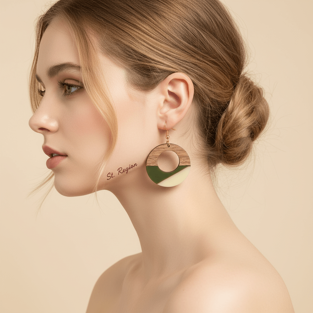 Green & White Resin Wood Goldtone Patchwork Open Circular Hook Earrings