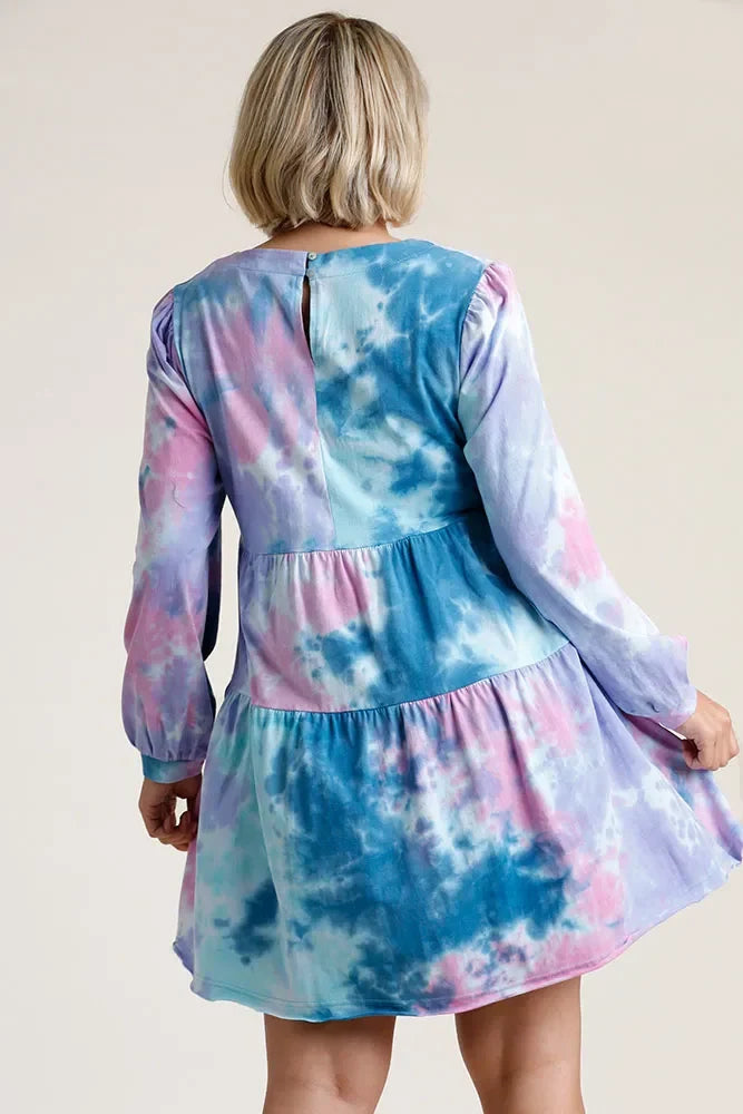 Umgee Full Size Tie Dye Round Neck Long Sleeve Babydoll Tiered Dress Plus Size