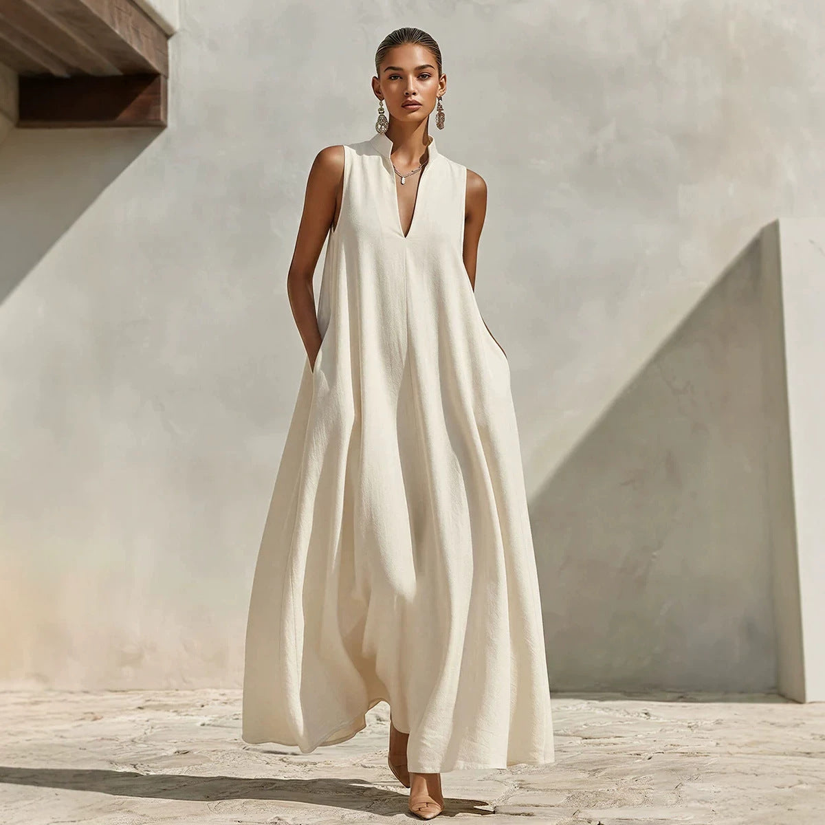 maxi linen dress Linen Blend Sleeveless Stand-Collar Maxi Dress – 5 Colors S–3XL Pink / L