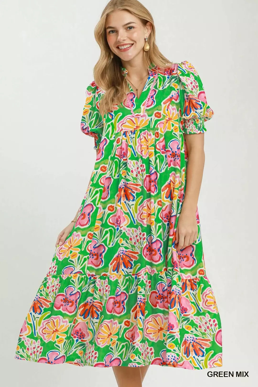 flowy midi dress with sleeves Full Size Tie Front Flutter Plus Size Green / 2XL Navy Perfect for Special Occasions Blue Multi Cotton Floral Midi