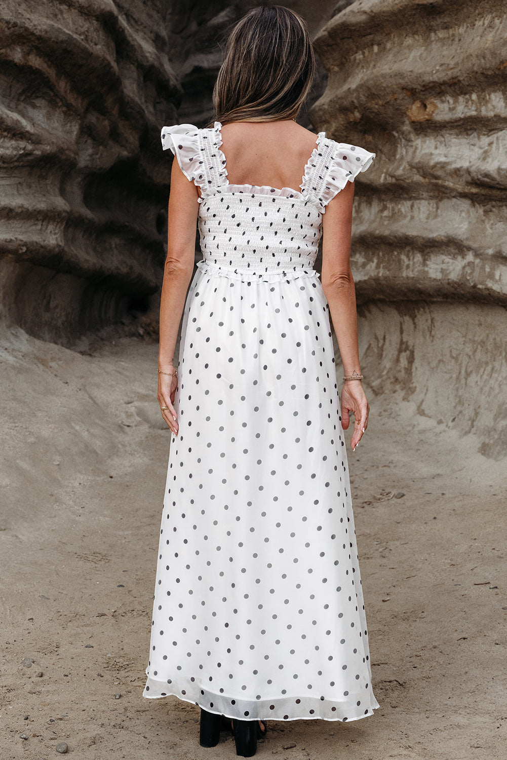 Threaded Pear Sarai Polka Dot Smocked Maxi Dress