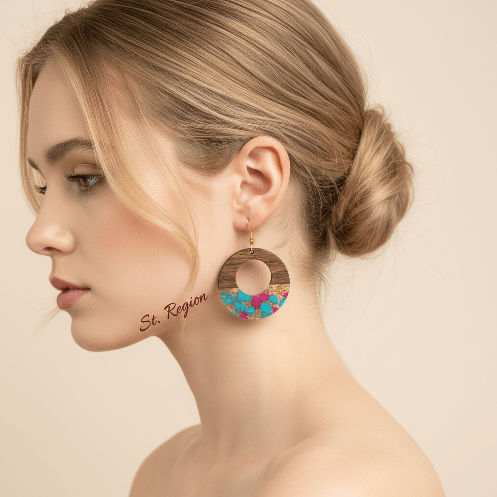 Blue & Rose Resin Wood Goldtone Patchwork Open Circular Hook Earrings