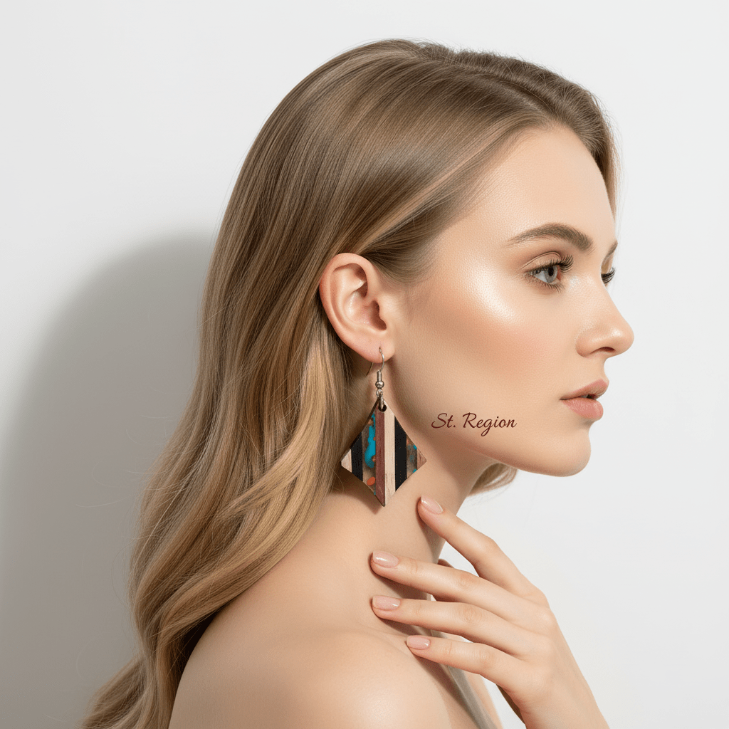 Multi-Colored Resin & Wood Silvertone Striped Diamond Hook Earrings