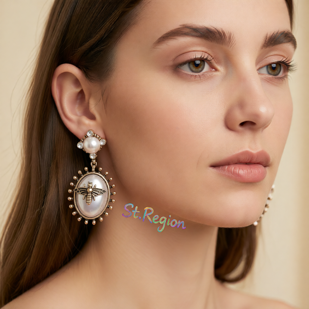 Pearl & Cubic Zirconia Bee Oval Drop Earrings