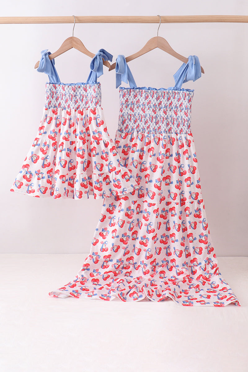 Blue cherry smocked tiered mom&me dress L