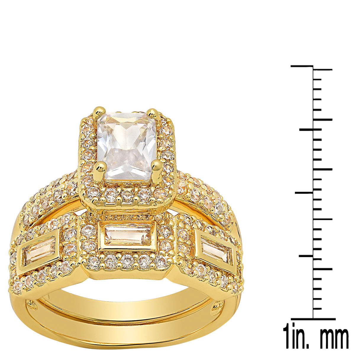 18K Gold Plated Brass And Simulated Diamonds Engagement/Band Rings 2Pc Set