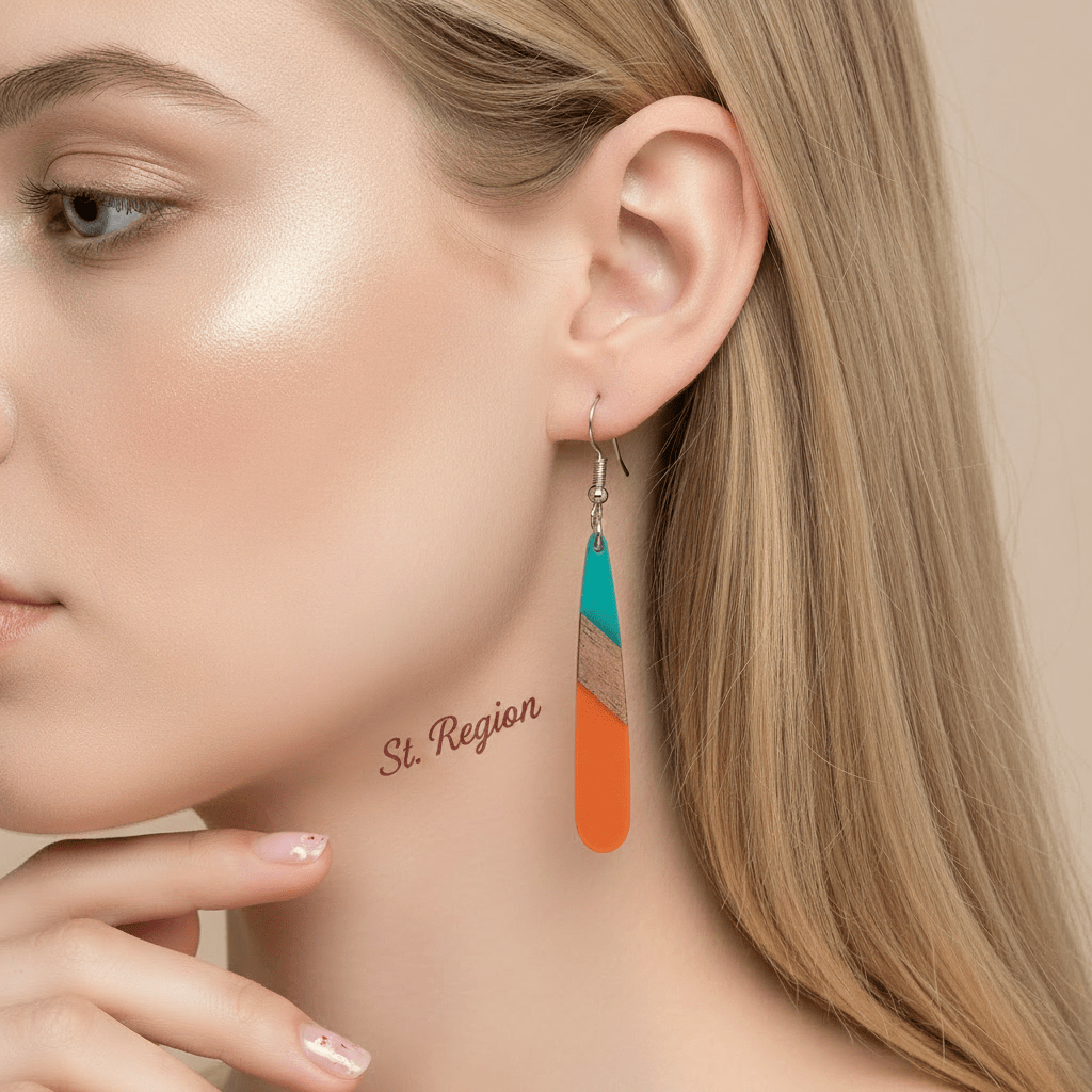 Mint Green & Orange Resin Wood Silvertone Teardrop Hook Earrings