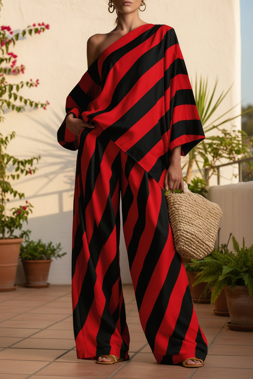 Women's Retro Striped Batwing Top & Wide-Leg Pants Two-Piece Set