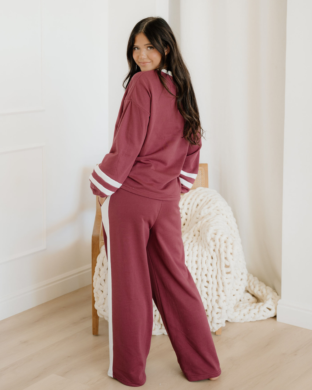 Jordyn Varsity Stripe Drawstring Wide Leg Pant Set - Mineral Red