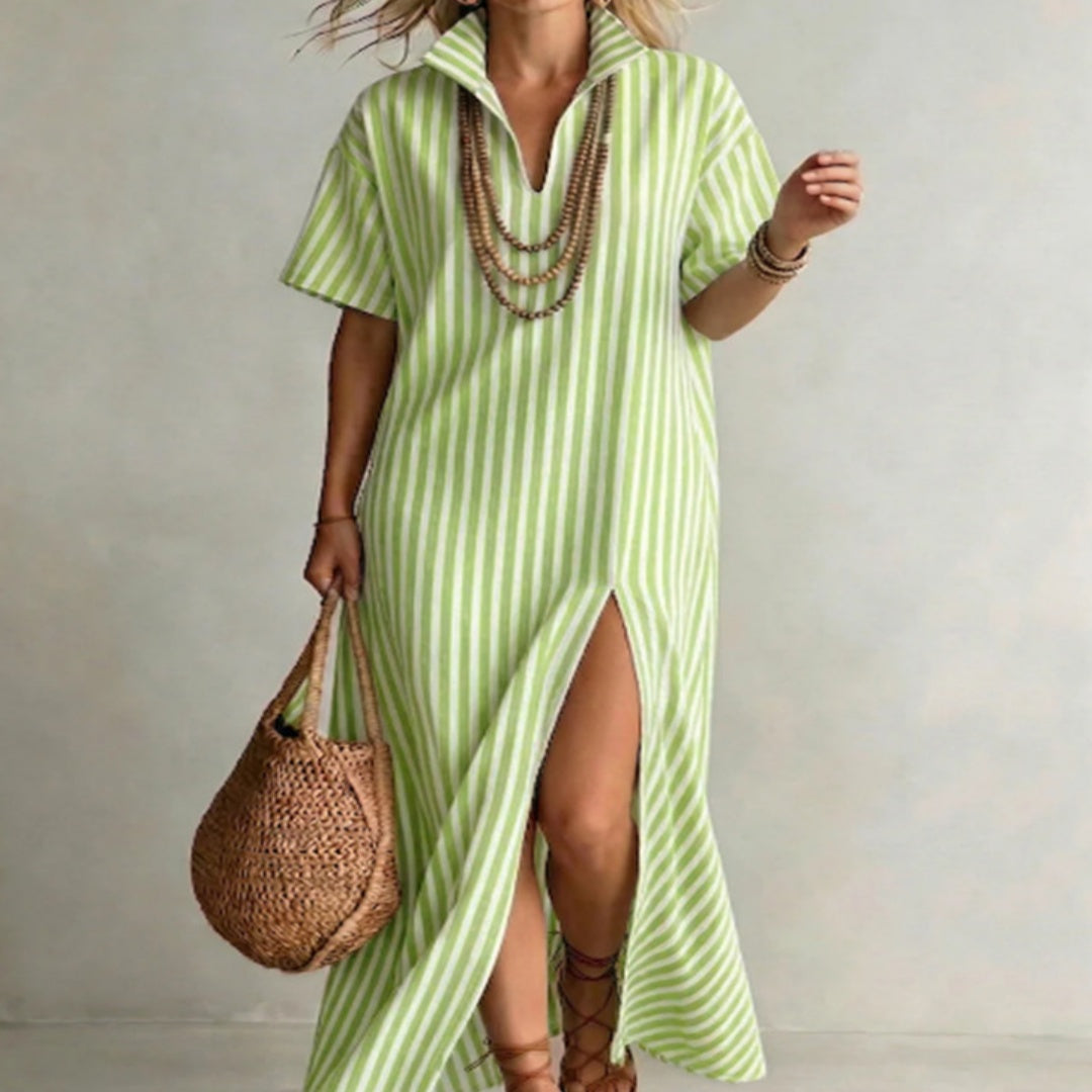 linen maxi dress with short sleeves Women's Striped Slit Cotton-Linen Maxi Dress – V-Neck Short Sleeve Red / M