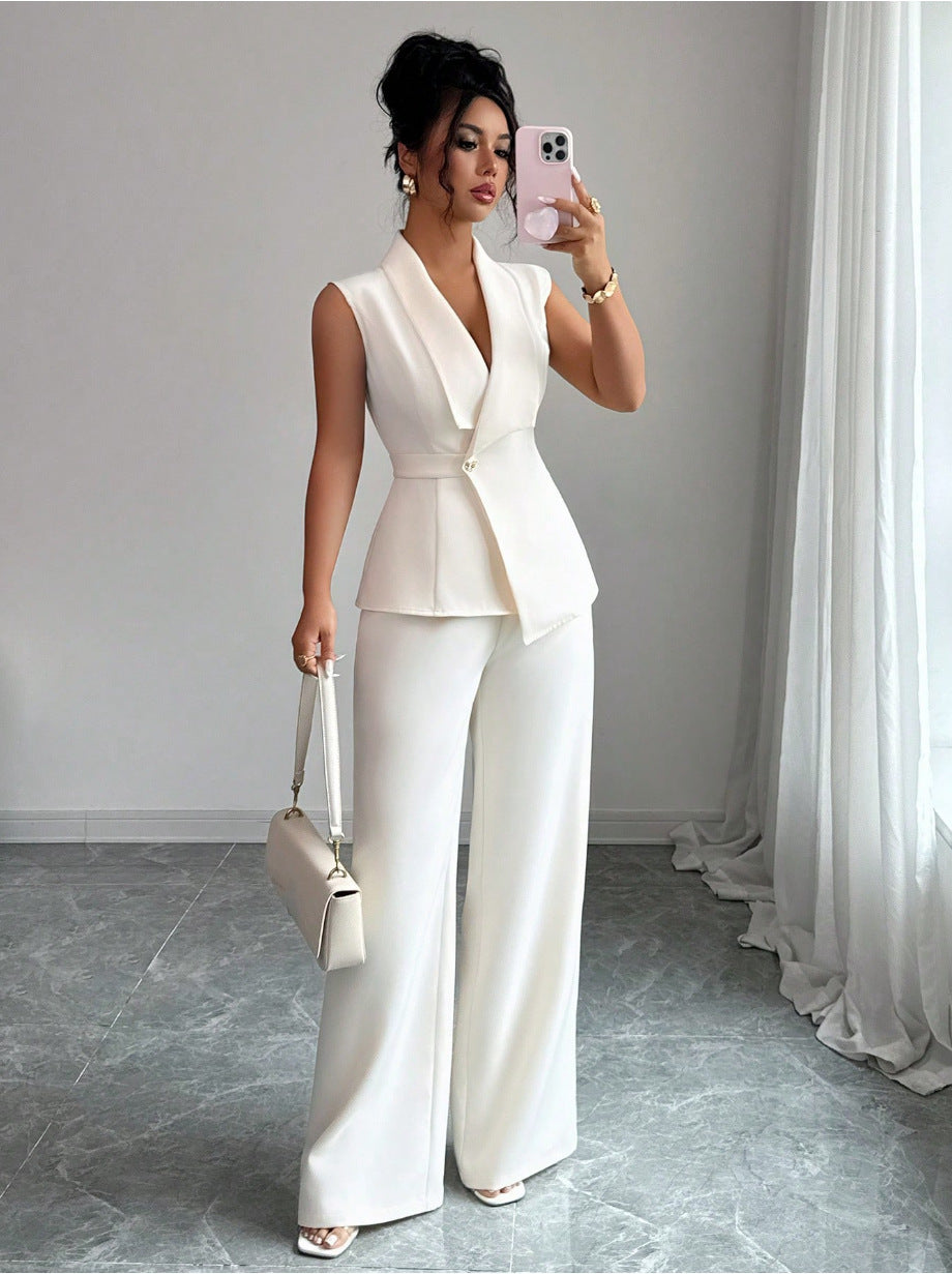 Women's Peplum Sleeveless Blazer & Wide-Leg Pants Two-Piece Set