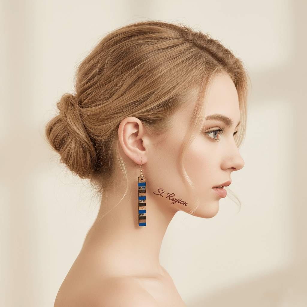 Royal Blue Resin & Wood Goldtone Striped Bar Hook Earrings