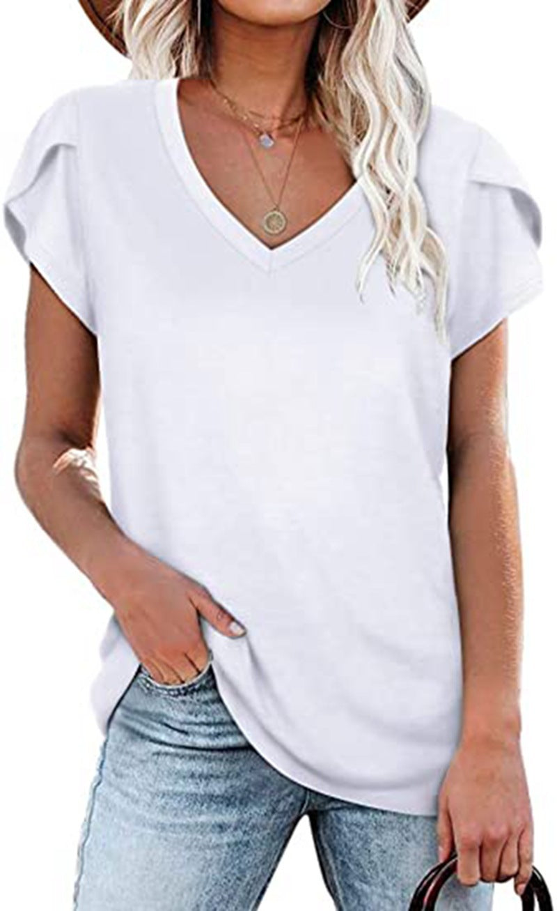 đž Women's V-Neck Petal Sleeve Summer T-Shirt â Elegant & Breezy