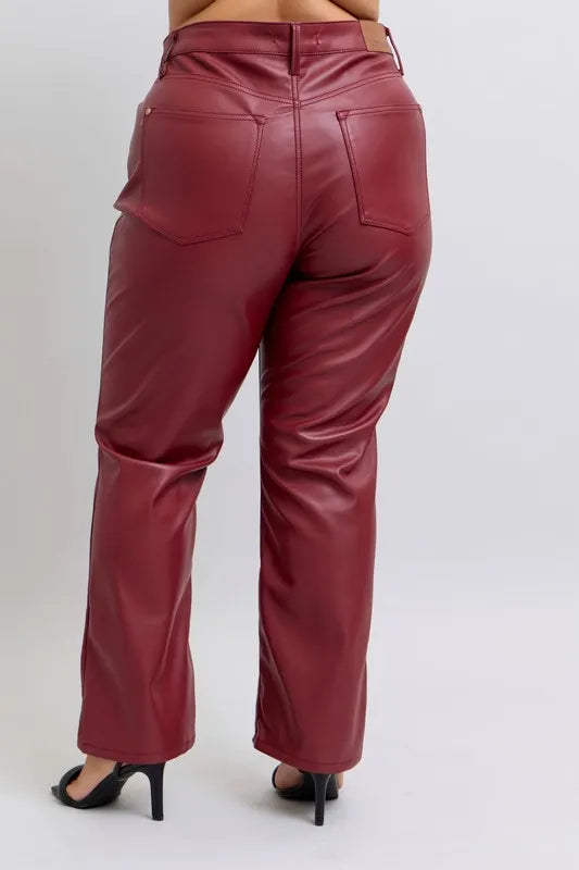 Judy Blue Full Size High Waist Tummy Control Faux Leather Straight Pants Plus Size