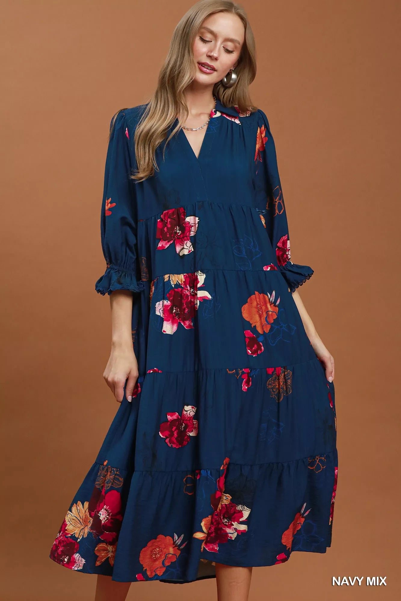 floral print tiered midi dress Pellagia Embroidered Eyelet Tiered Midi Dress