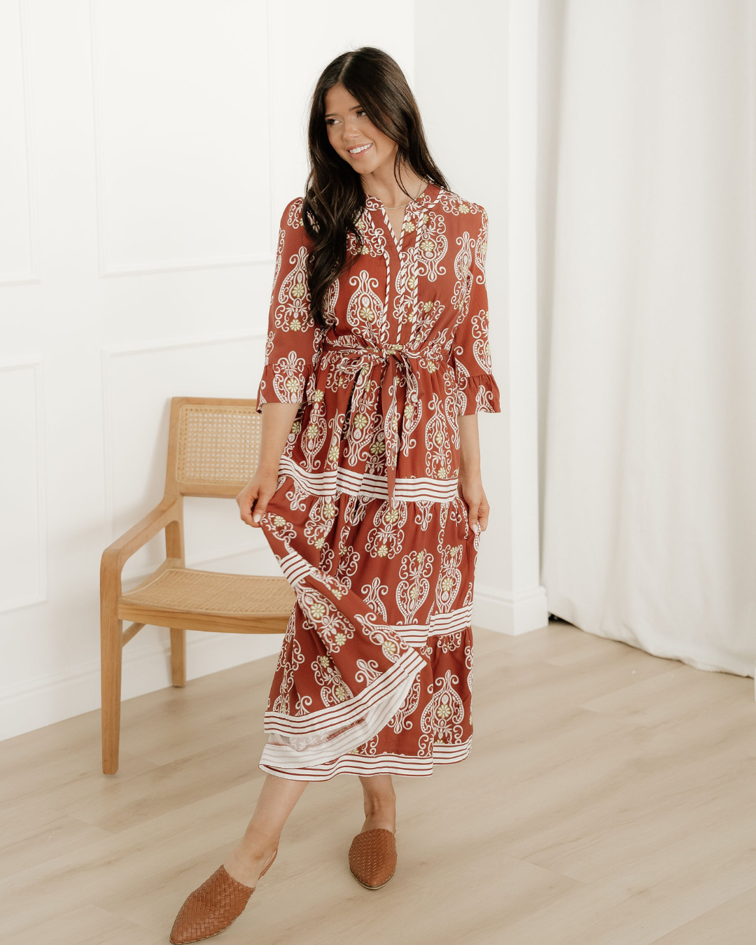 harmony floral maxi dress Harmony Floral Print Belted Striped Trim Tiered Maxi Dress Brown / M / 100%Viscose