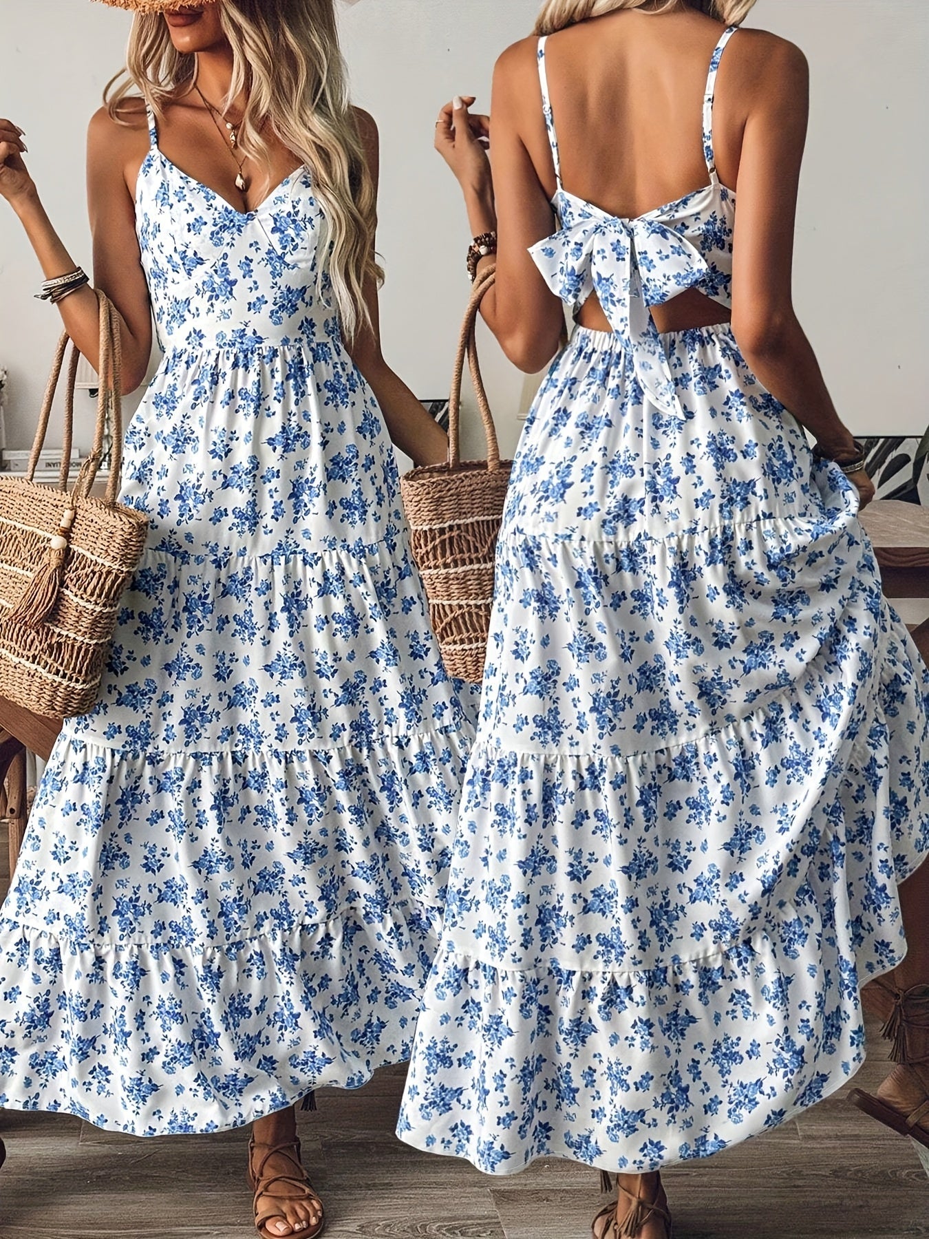 Women’s Floral Backless Maxi Dress – Strappy Dress with Bow & Flowy Skirt