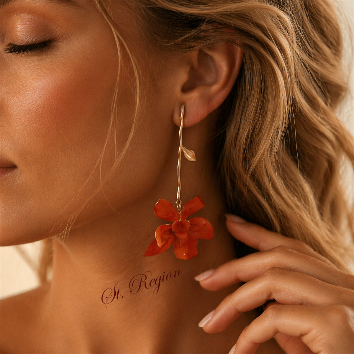 Red Enamel & Goldtone Flower Dangle Earrings