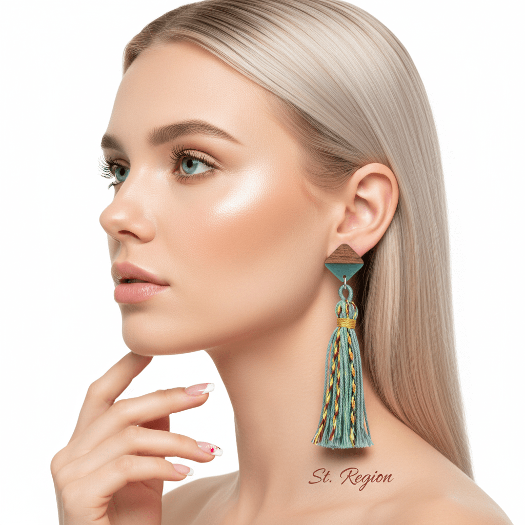 Green Polyster & Resin Wood Silvertone Tassel Statement Drop Earrings