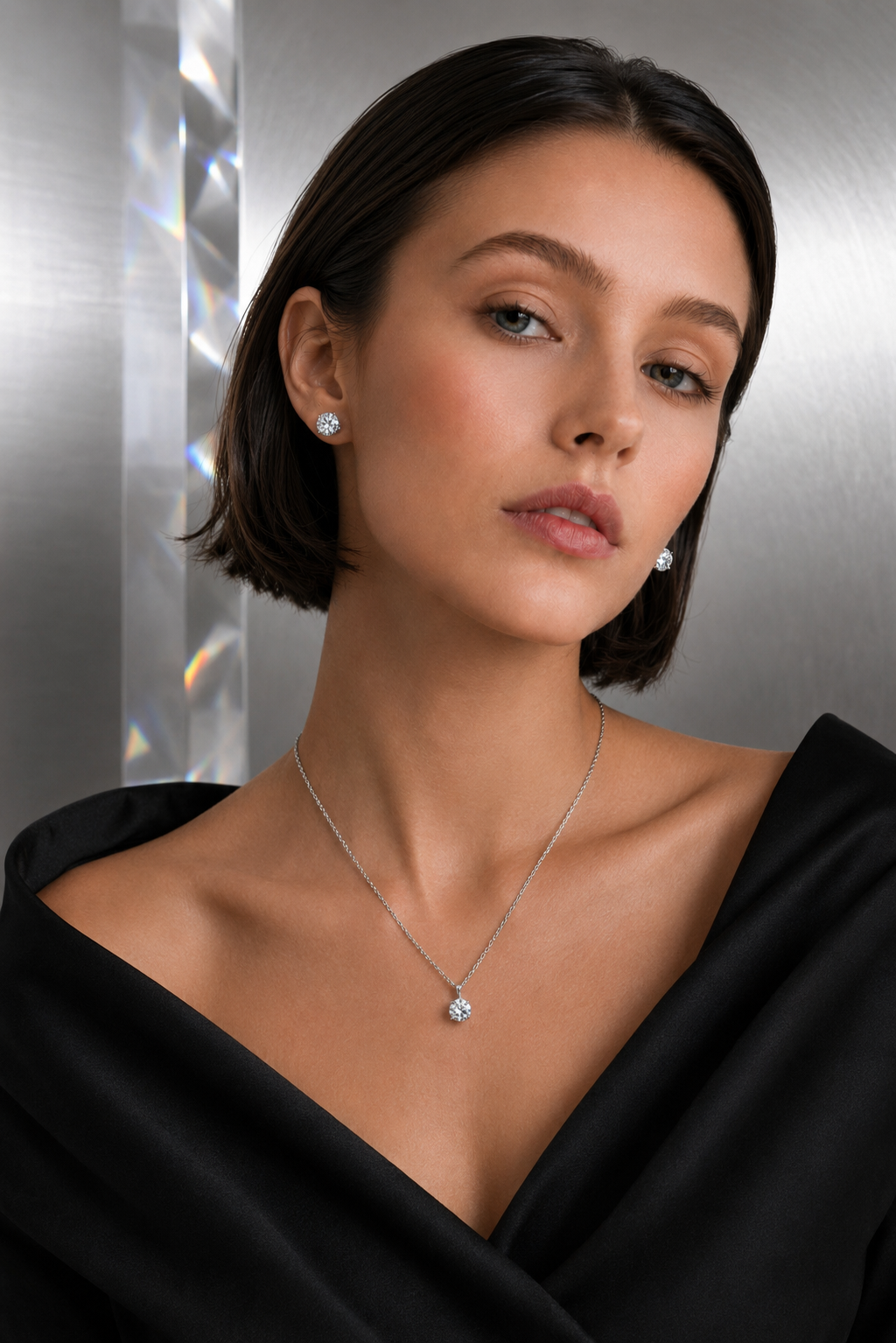 Silver Clear - April Swarovski Crystal Necklace Earrings – Cz Birthstone Stud Earring Circular Pendant Set