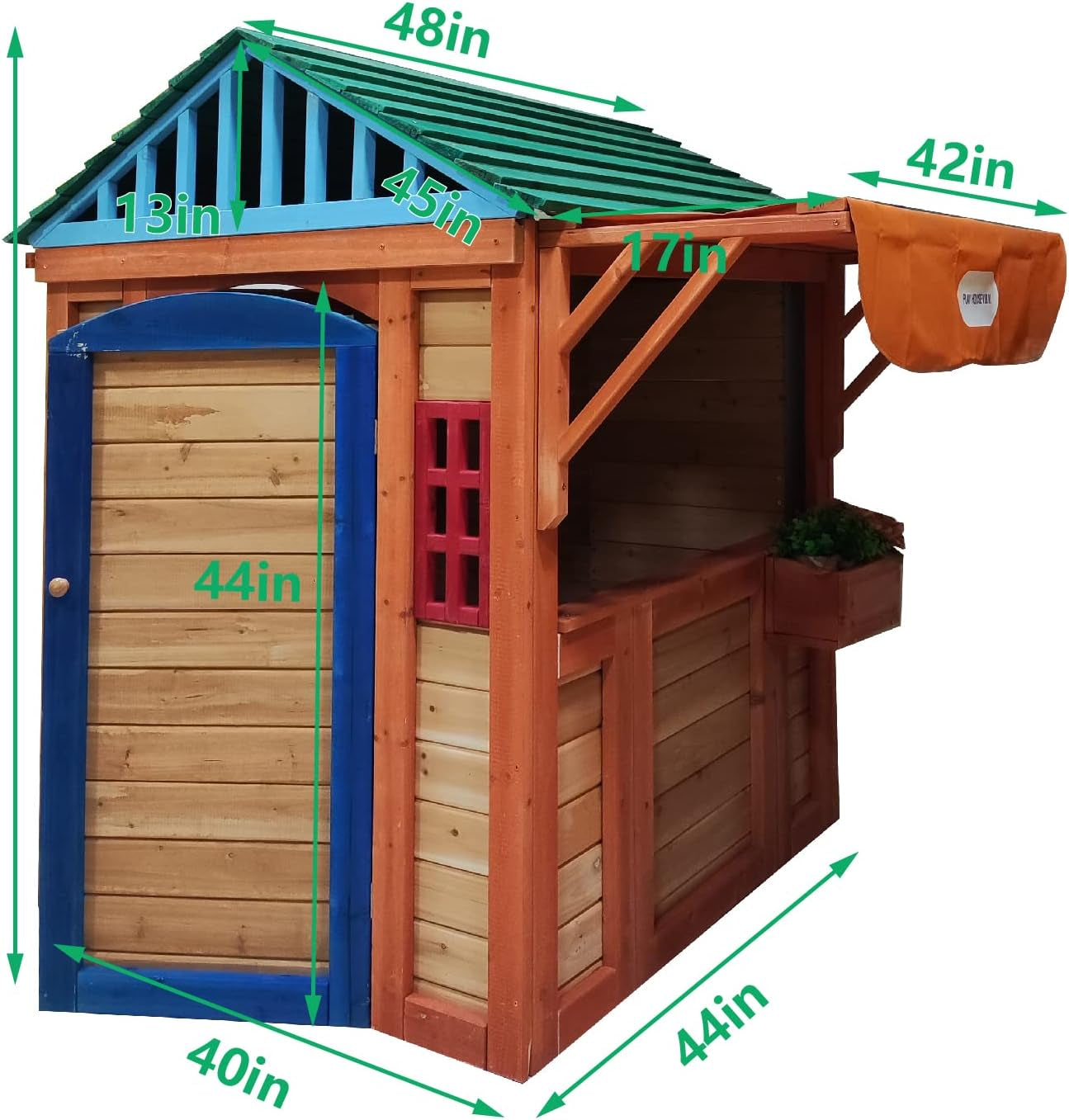 Outdoor Playhouse for Age 3-8 Years Boy Girl, Wooden Cottage Playhouse with 4 Game Awning Window, Ball Wall & Tetris. Play House for Outdoor Garden, Lawn, Patio, Yard.
