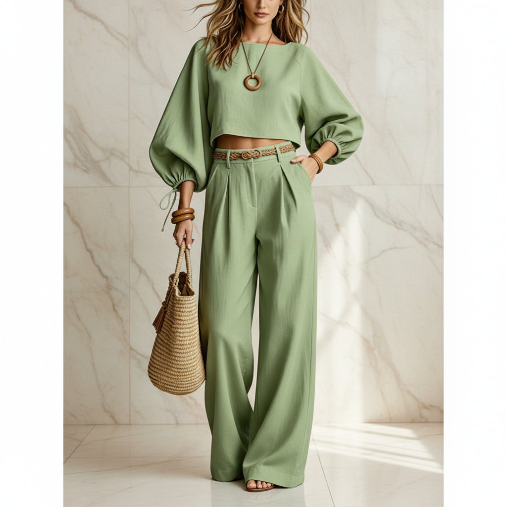 Women's Balloon Puff Sleeve Tie-Cuff Crop Top & Pleated Wide-Leg Trousers Set
