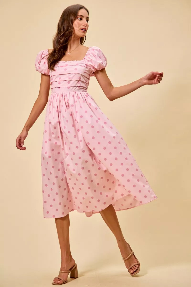 SO ME Polka Cotton Print Short Sleeves Midi Dress PINK / M