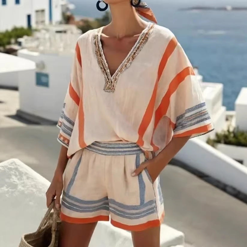 Women’s Linen Striped V Neck Top and Shorts Set