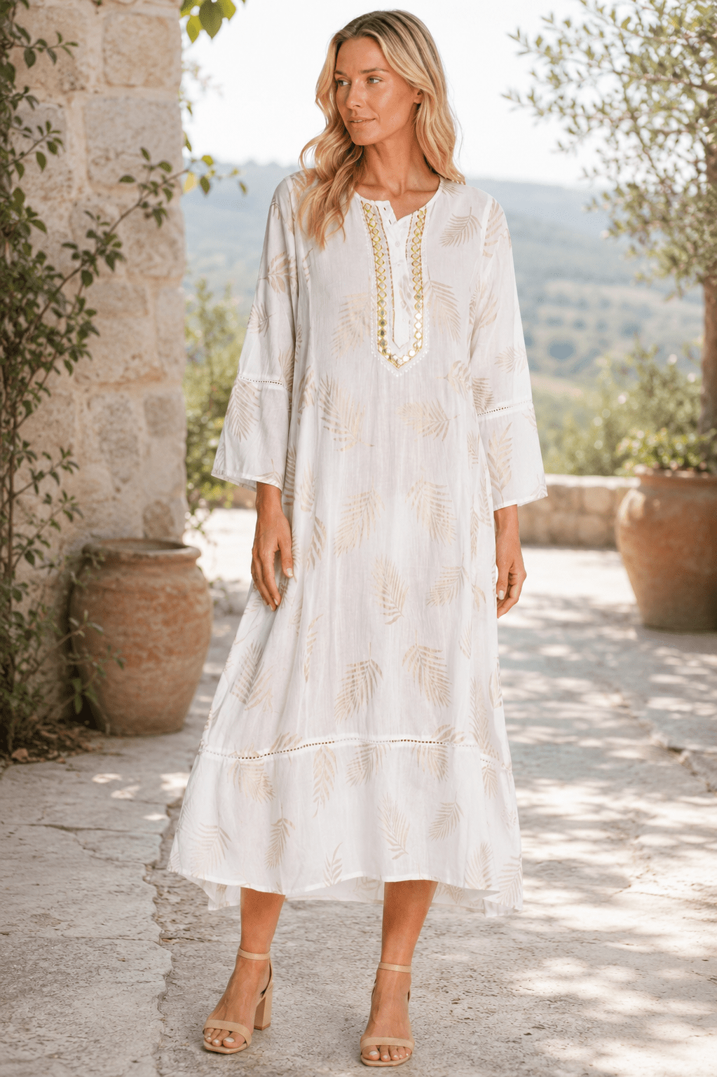 Club Moda Women's Embroidered White Caftan Dress – Swim Cover-Up Beach Resort Wear White / S/M