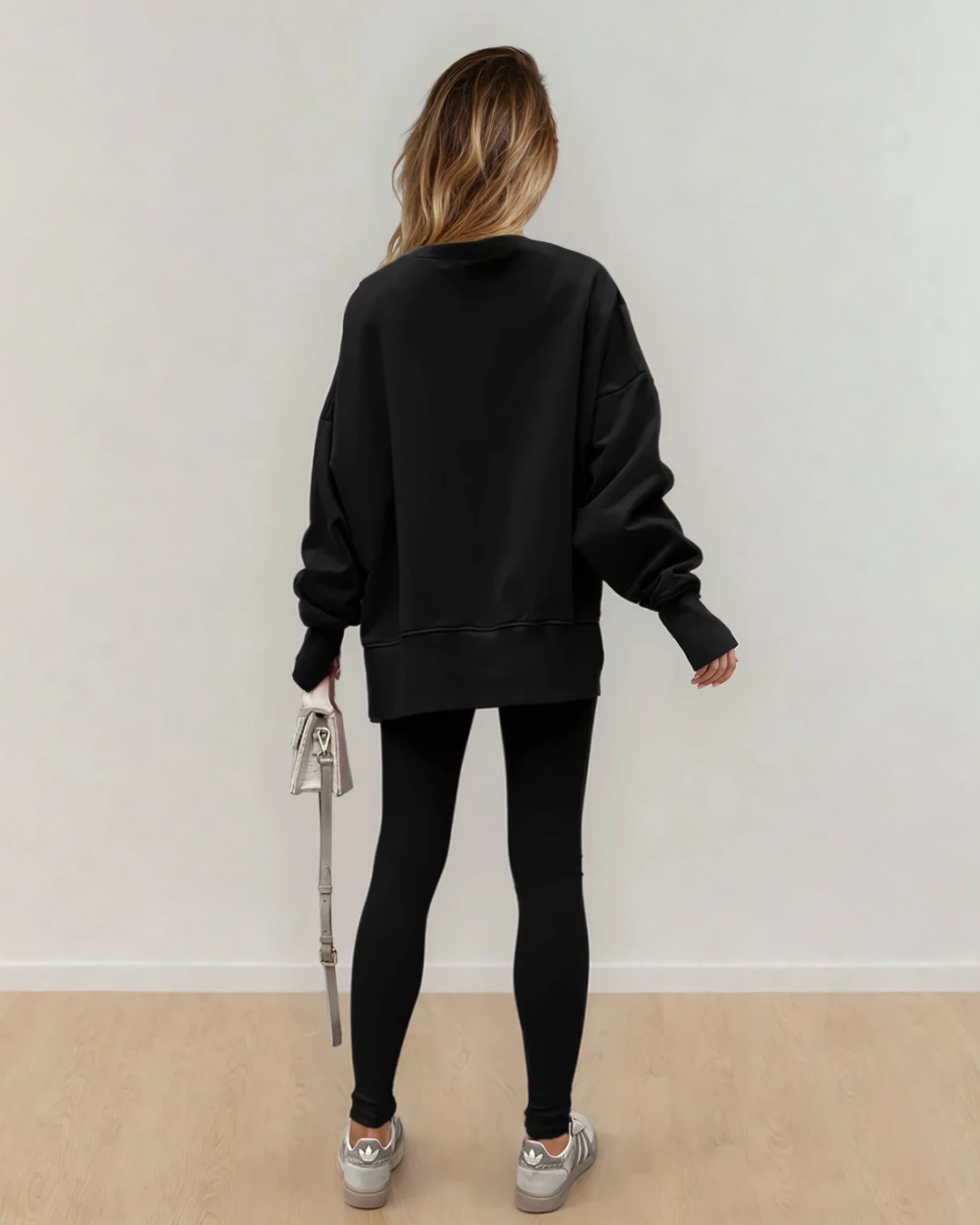 Remi Solid Color Oversize Slit Sweatshirt Ribbed Leggings 2pcs Set - Black