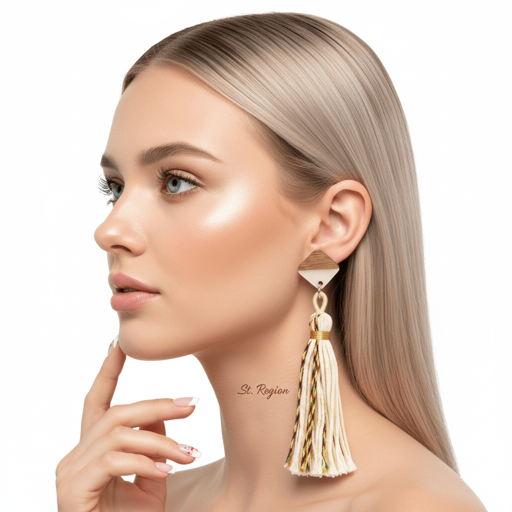White Polyster & Resin Wood Silvertone Tassel Statement Drop Earrings