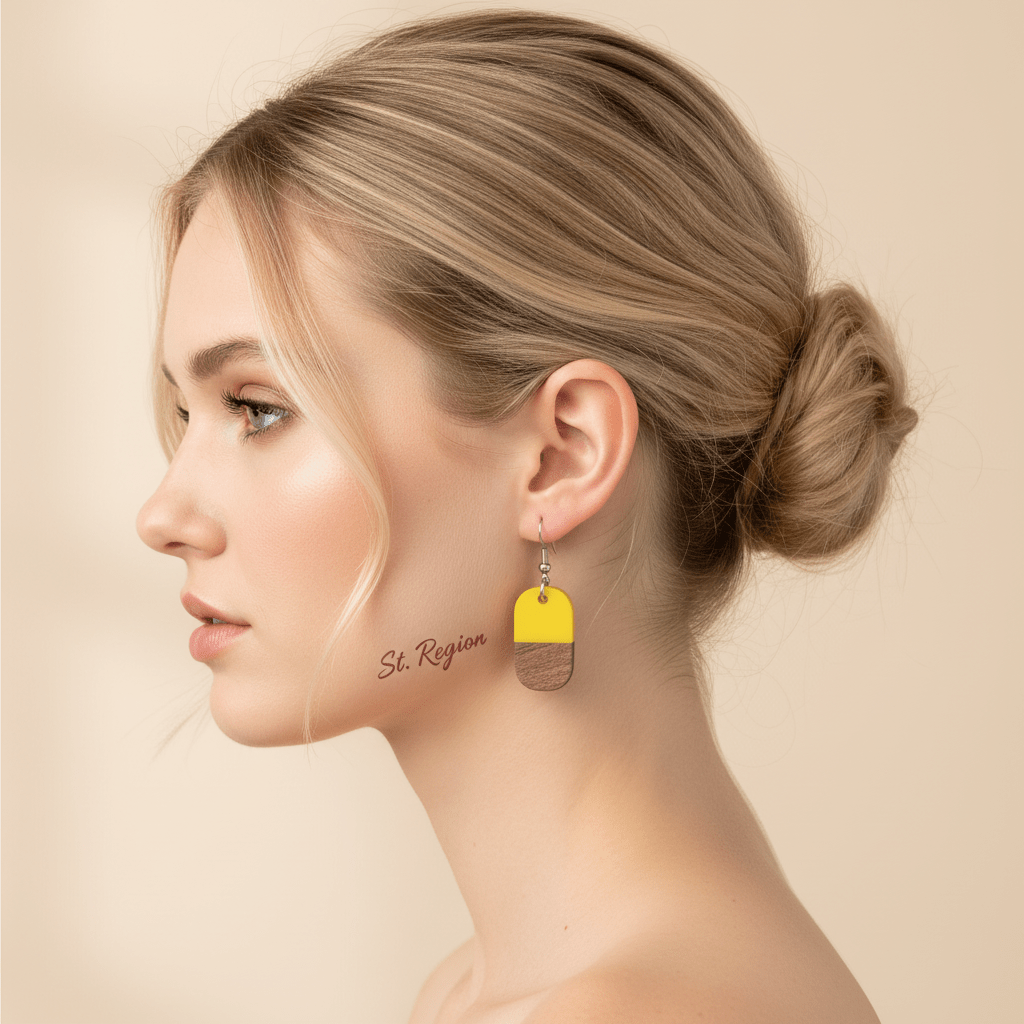 Yellow Resin & Wood Silvertone Patchwork Rectangle Hook Earrings