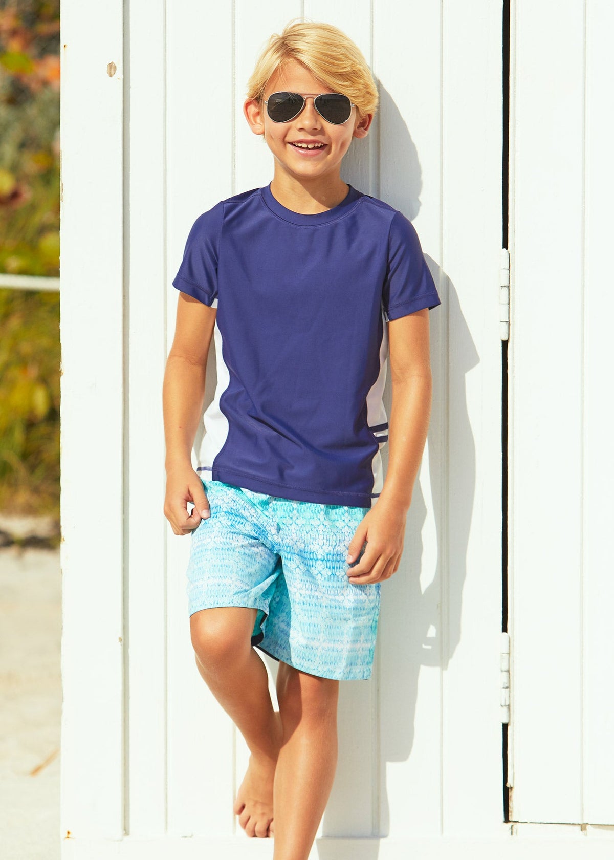 Boys Navy Side Stripe Short Sleeve Rashguard