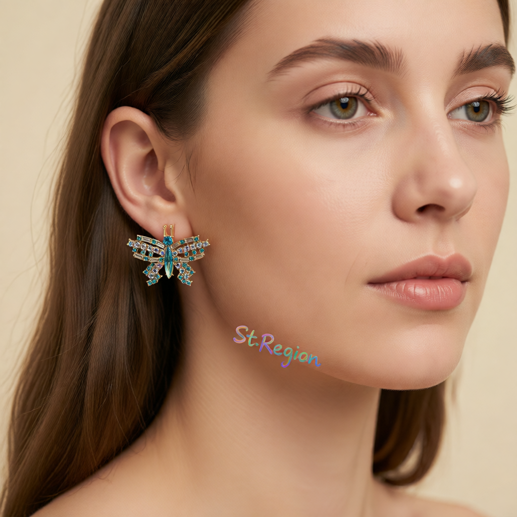 Green Crystal & Cubic Zirconia Butterfly Stud Earrings