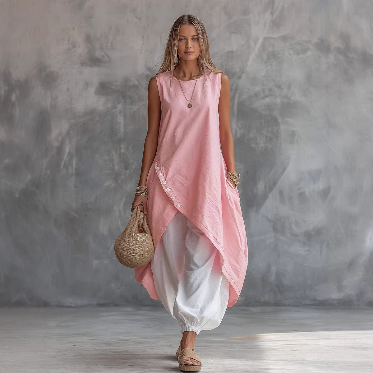 loose fitting sleeveless dresses Solid-Color Sleeveless Loose-Fit Dress With Patch Pockets Light Purple / L