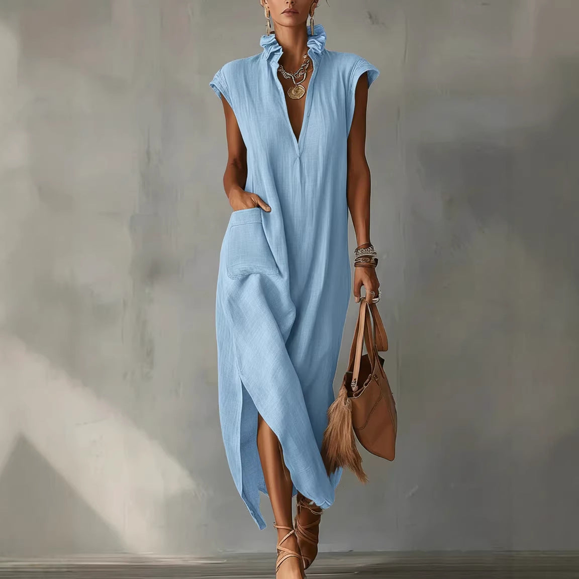 dress linen cotton Smocked-Bodice Poet-Sleeve Midi Dress in Linen Cotton Blend main image 1