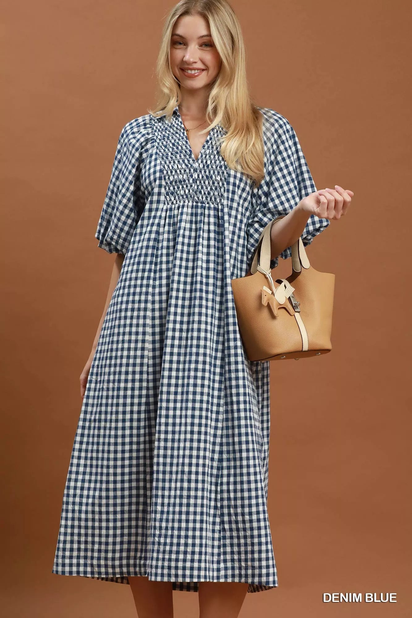 Umgee Puff Sleeve Plaid Midi Dress DENIM BLUE / M