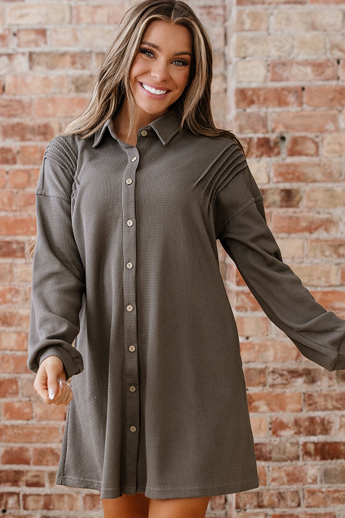 Threaded Pear Viviana Taupe Waffle Knit Shirt