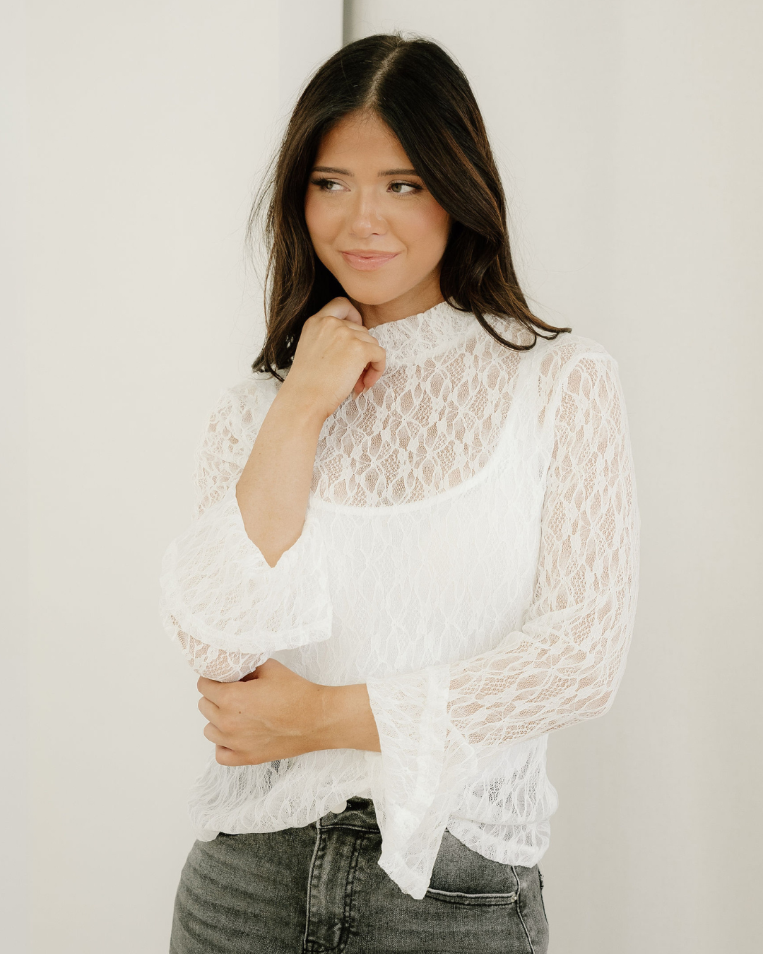 Amara Sheer Lace Bell Sleeve Mock Neck Blouse – Zulily