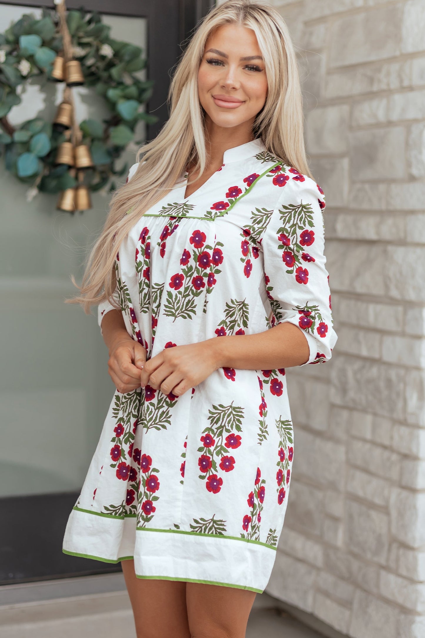 Threaded Pear Halo Sleeve Loose Floral Dress