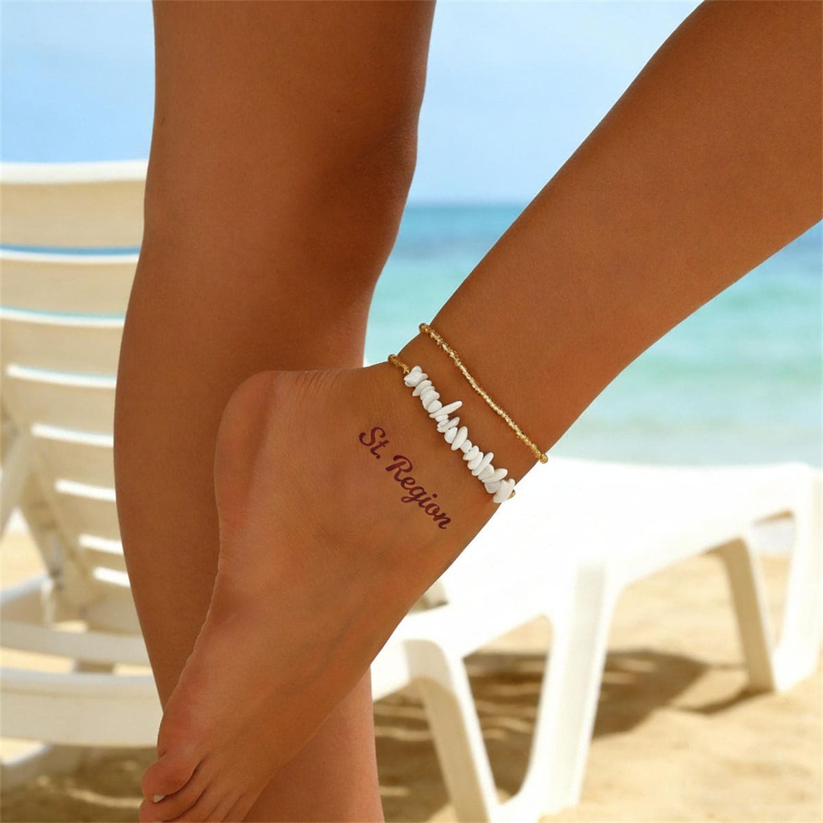 White Turqouise & Acrylic Irregular Beads Stretch Anklet Set