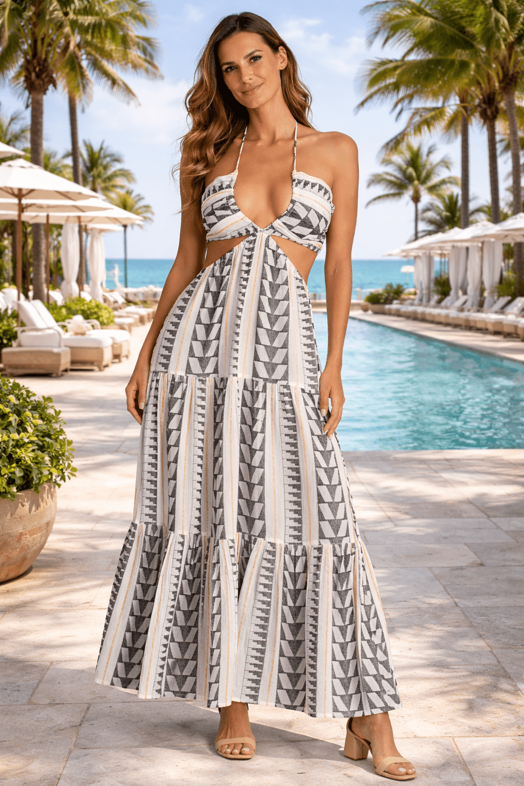 La Moda Clothing Women's Luxury Printed Cut-Out Maxi Dress